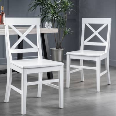 Acacia Wood Dining Chairs, White Cross Back Chairs (Set of 2)