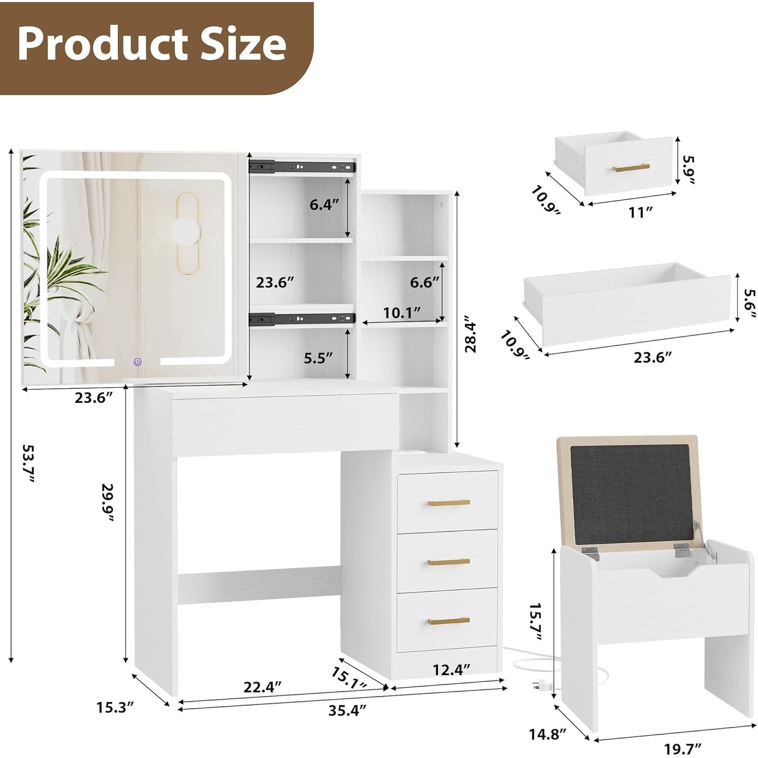 Vanity Desk with LED Lights & Sliding Mirror Power Outlet Drawers