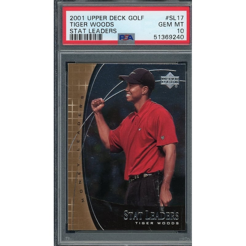 Tiger Woods 2001 Upper Deck Golf Stat Leaders Card #SL17 Graded PSA 10 - 8'6" x 11'6"