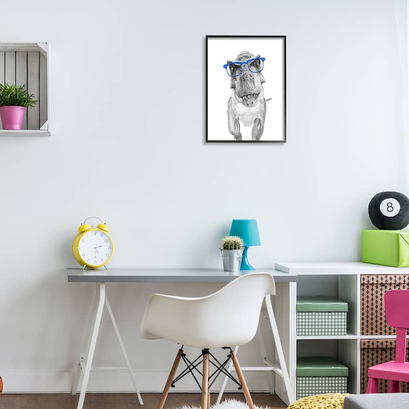Stupell Adorable Monochrome T-Rex Dinosaur Blue Glasses Illustration by Annalisa Latella Framed Wall Art