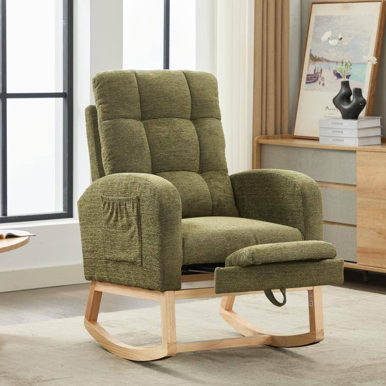 Teddy Upholstered Nursery Glider Rocking Chair with Side Pocket and Adjustable Footrest