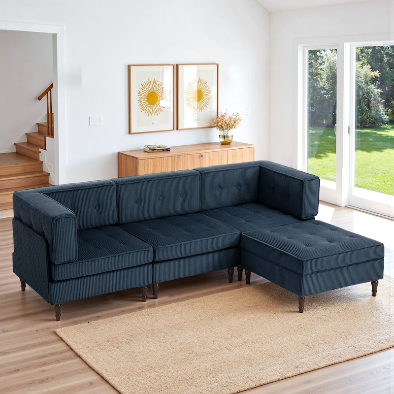 4-Piece 98" W Upholstered Modular Corduroy Sectional Sofa - Navy