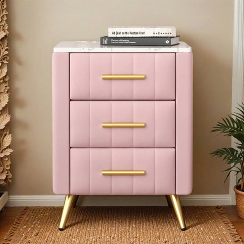 Upholstered Wooden Nightstand with 3 Drawers and Handles - Pink