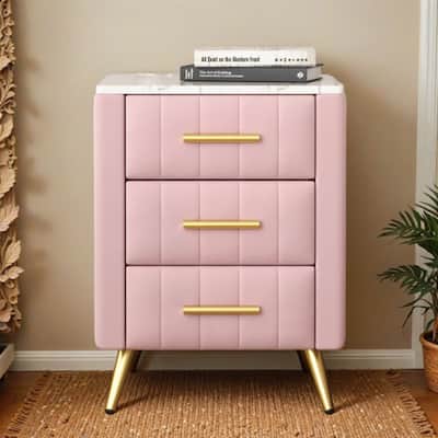 Upholstered Wooden Nightstand with 3 Drawers and Handles