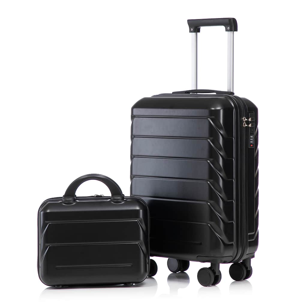 14"/20" 2-Piece, Modern Luggage Sets with Makeup Case, Spinner Wheel and Combination Lock, for Boarding Travel, Black