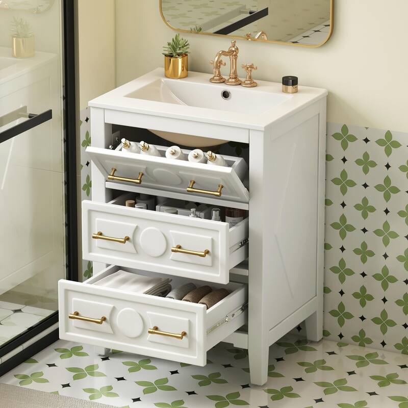 24" Bathroom Vanity with Ceramic Sink Combo, Free-Standing Single Vanity Set with 3 Drawers