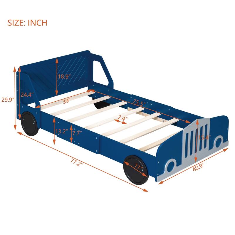 Twin Size Car-Shaped Platform Bed with Wheels in Blue, Sturdy and Safe Design