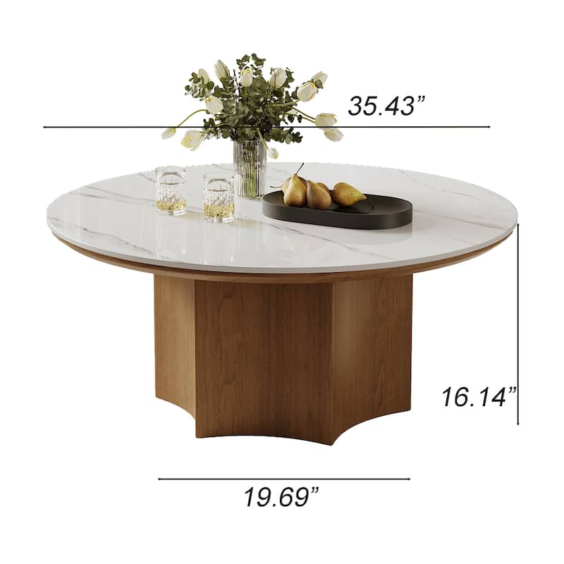 Mid-century Modern Coffee Table,35.43" With White Sintered Stone Table Top, Solid Wood Legs