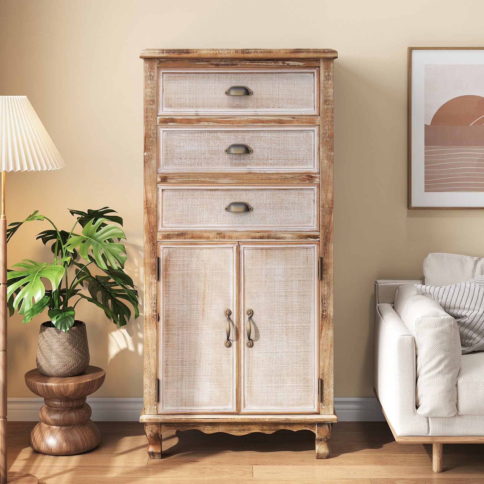 Rustic Wooden Storage Cabinet with Decorative Cutout Door & 3 Drawers, Tall Narrow Organizer for Living Room, Bedroom