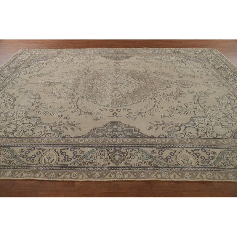 Distressed Tabriz Vintage Persian Rug Hand-Knotted Beige Wool Carpet - 9'6" x 12'8"