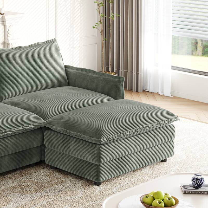 4-Seater Couch with 2 Ottomans, Corduroy Upholstered Cloud Sectional Deep Seat Sleeper Sofa U-Shaped Modular Couch