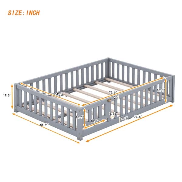 Full Size Floor Bed with Door & Fence, Montessori Floor Bed for Kids, Solid Wood Full Bed Frame for Girls Boys, Wood Kids Bed