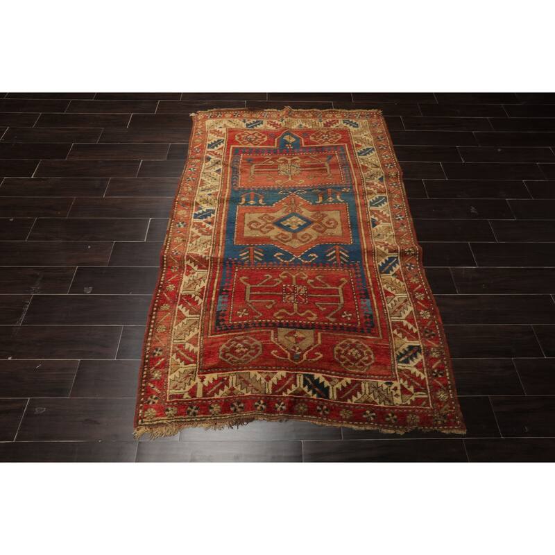 Antique Kazak Traditional Geometric 4'2''x6'2'' Hand Knotted Wool Rose Rug - 4' 2'' x 6' 2''
