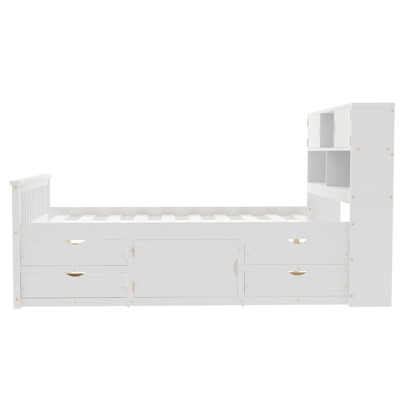Full Size Wooden Captain Platform Bed Frame with Storage Bookcases Headboard and 4 Drawers