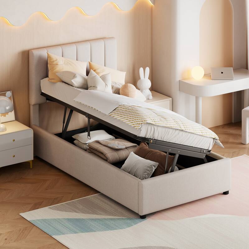 Twin Size Upholstered Platform Bed with a Hydraulic Storage System,Beige