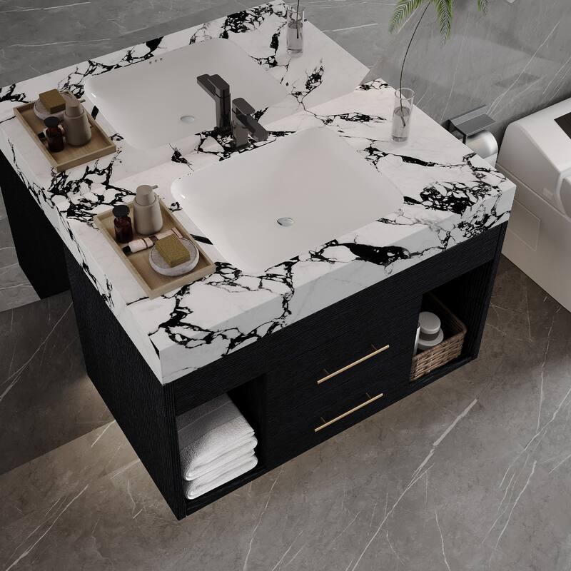GDFStudio - Modern 29.9" Floating Bathroom Vanity with Sintered Stone Top, Ceramic Sink & U-Shape Drawers