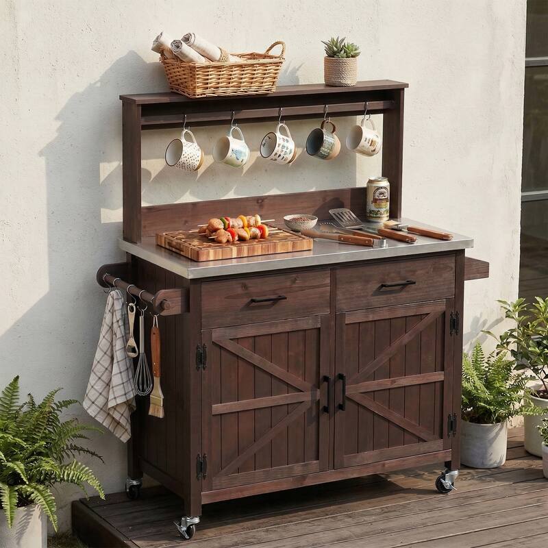 54.1" Outdoor Kitchen Island with High Shelf, Large Outdoor Potting Table with Top and Storage Cabinet, With Lockable Wheels