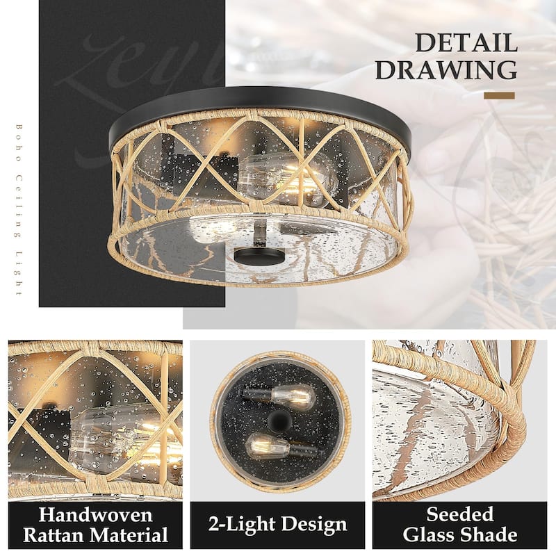 12 Inch 2-Light Rattan Black Ceiling Light