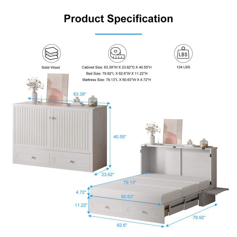 Mixoy Murphy Bed,Cube Foldable Cabinet Bed with Charging Station