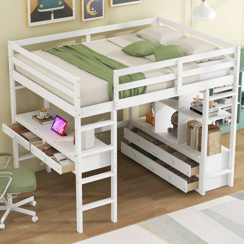 Roomfitters Full Size Loft Bed with Built-In Desk, 4 Drawers and Storage Shelves, White