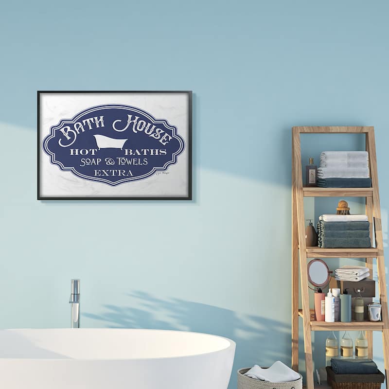 Stupell Vintage Bath House Sign Minimal Blue White Framed Giclee Art Design By Jill Meyer