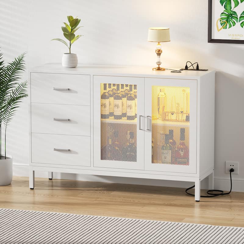 45'' W Accent Cabinet with Drawers and Charge Station, Storage Sideboard with LED Light