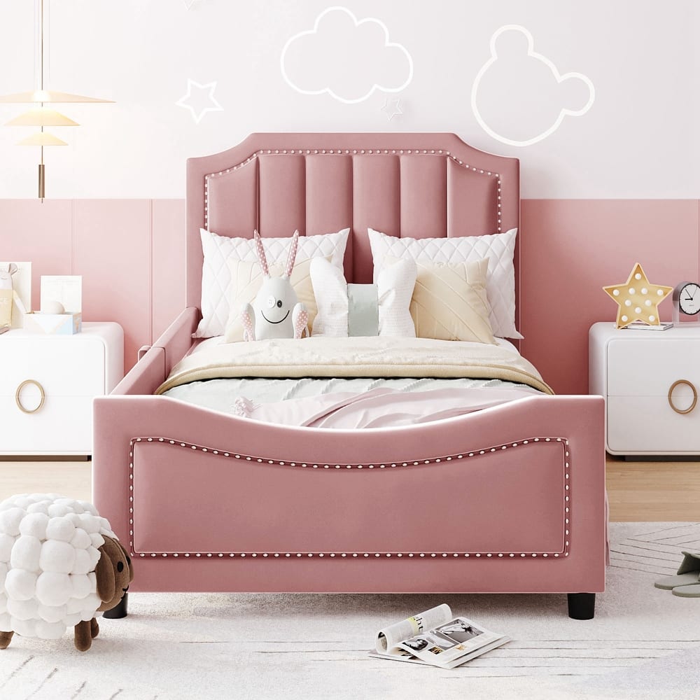 Twin Size Upholstered Daybed with Classic Stripe Shaped Headboard