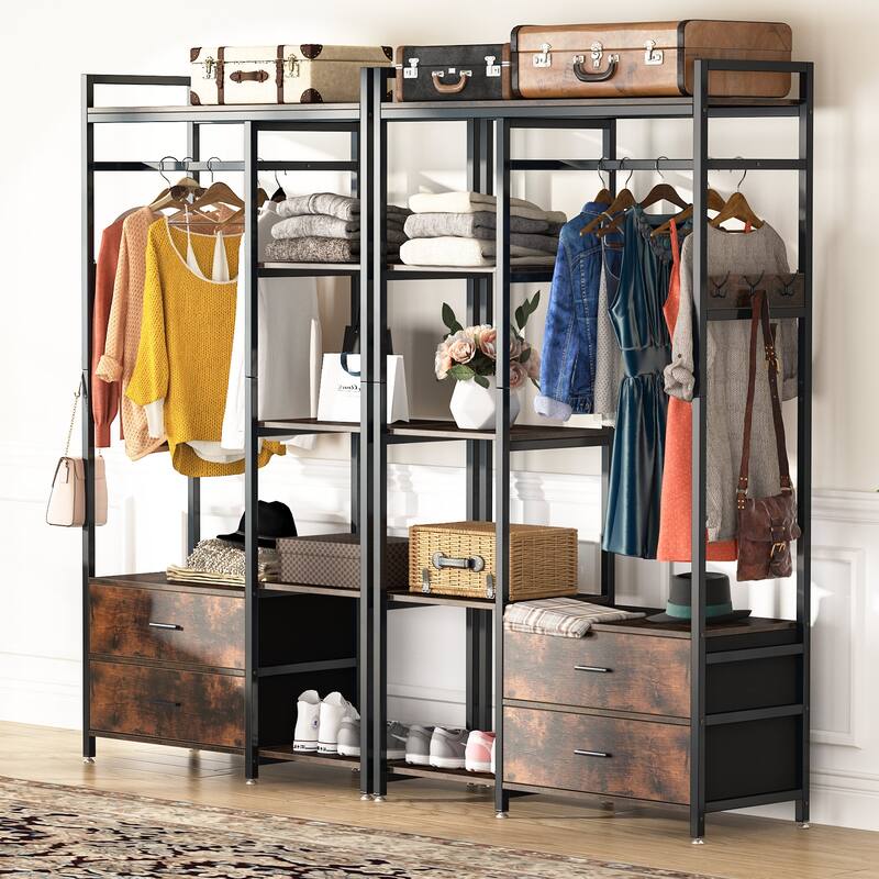 Heavy-Duty Garment Rack with 2 Drawers Shelves, Hanging Rod, Freestanding Closet Organizer, Large Open Wardrobe Closet