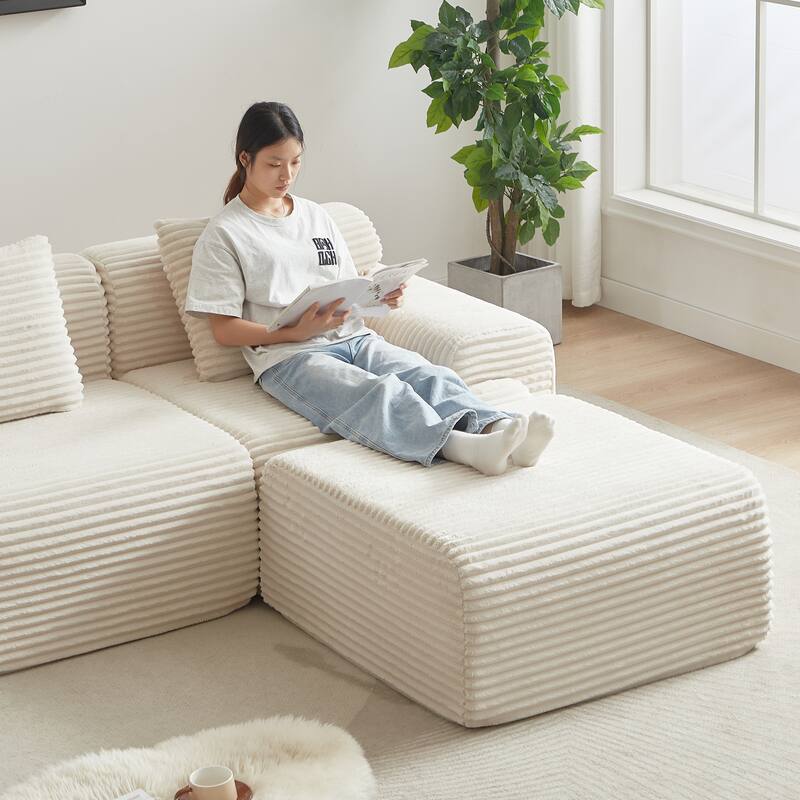 L-Shaped Modular Sectional Sofa with Ottoman, Corduroy Upholstered Boneless Couch, Deep Seat Sofa with Throw Pillows