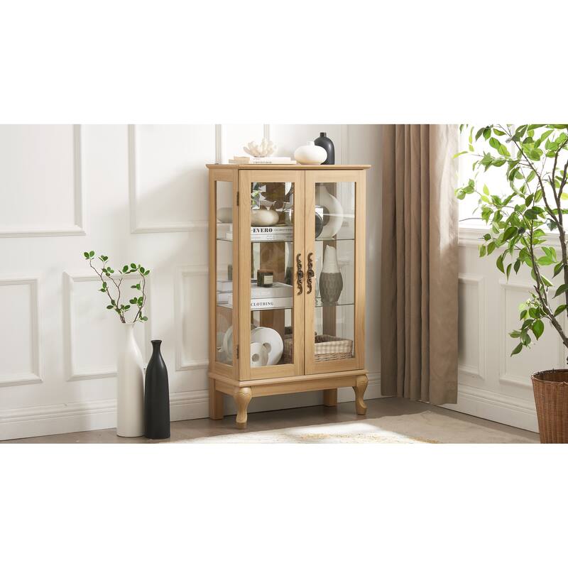 Lighted Curio Cabinet with Mirrored Back, 3 Tier Storage Display Cabinet with Tempered Glass Doors & Adjustable Shelves
