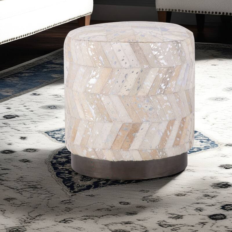 Handwoven Chevron Ottoman with Matte Black Base - Solid Wooden Frame Decorative Pouf - Silver