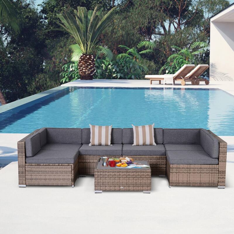 Outsunny 7-Piece Outdoor Wicker Patio Sofa Set, Modern Rattan Conversation Furniture Set with Cushions & Table - Grey