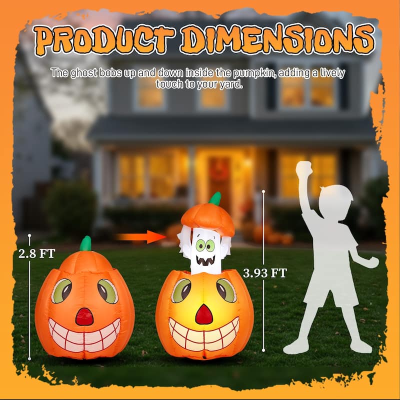 2.8FT Inflatable Pumpkin Ghost with LED Lights and Halloween Lawn Yard Decorations for Outdoor Use - 2.8 ft