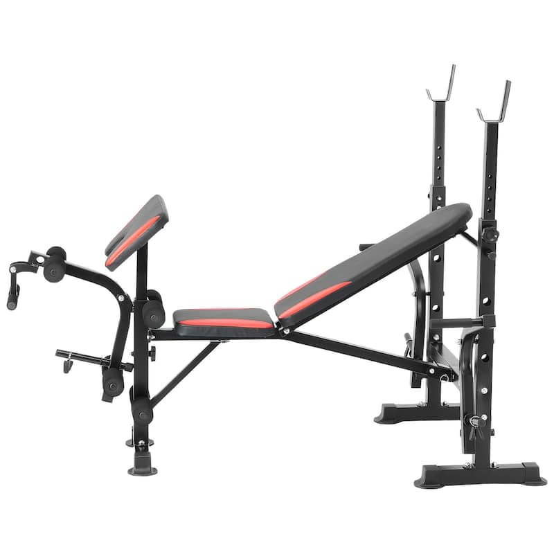 Black Red Steel Workout Bench with Rack, Foldable and Adjustable - 68.1” L x 53.9” W x 51.2” H