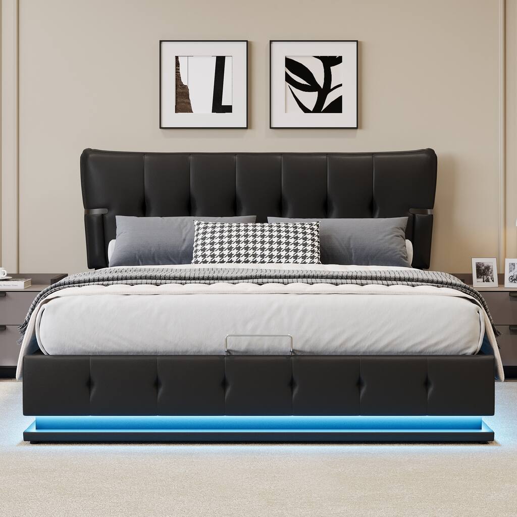 Upholstered Platform Queen Hydraulic Storage Bed, Lift Up Storage Bed with RGB LED Light, PU Leather Headboard and Footboard