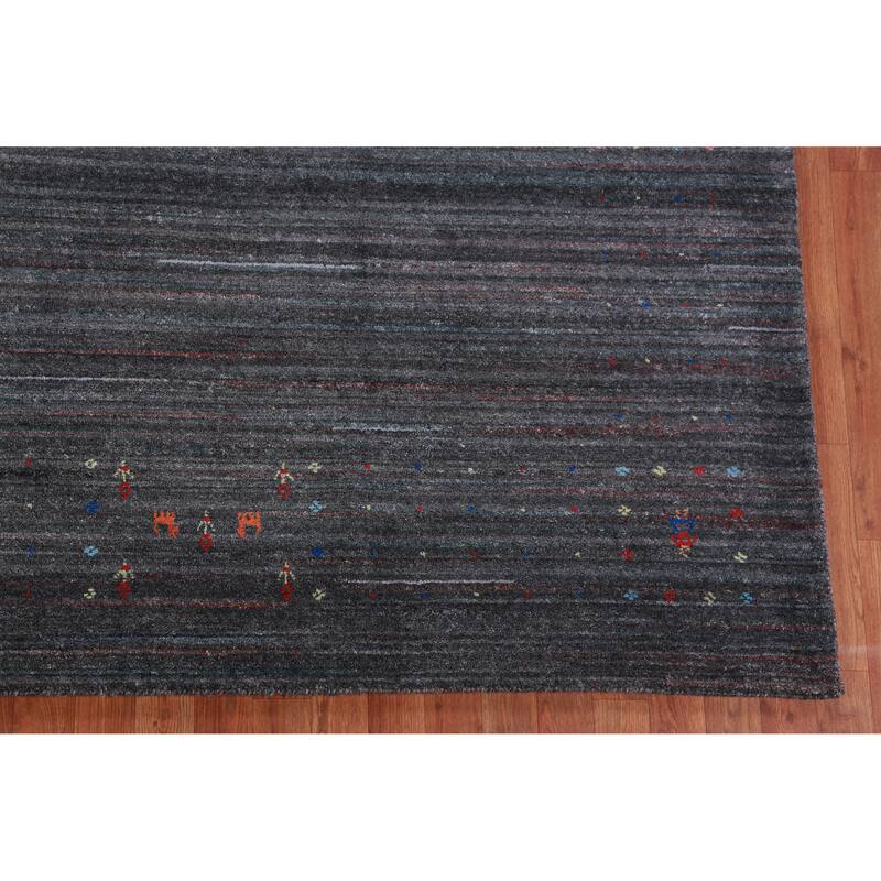 Hand Knotted Oriental 100% Wool Carpet Tribal Stripe Greys & Charcoal Gabbeh Area Rug - 9' 6'' X 9' 9''