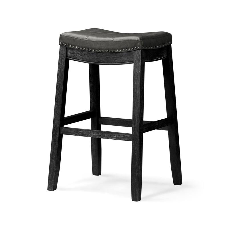 Maven Lane Sophia Saddle Kitchen Dining Stool - Aged Black Vegan Leather Upholstery - Bar Height