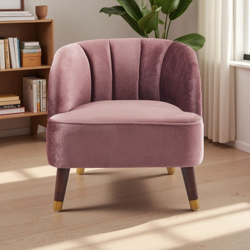 Velvet Barrel Accent Chair with Rubberwood Legs - Blush