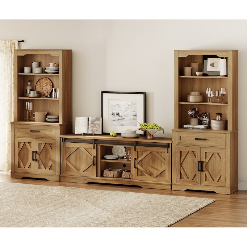 Modern Farmhouse TV Stand with Bookcase for 65" 75" TV with Barn Door for Living Room, Bedroom & Home Office