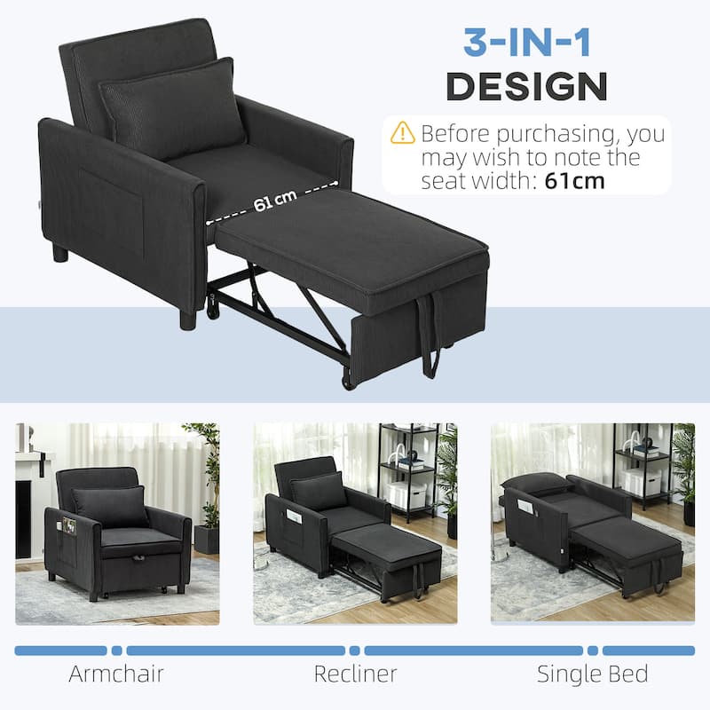3-in-1 Lounge Chair Recliner Sofa Bed with Corduroy Upholstery and Storage Pockets for Adults - 29.1" W x 33.1" D x 31.9" H