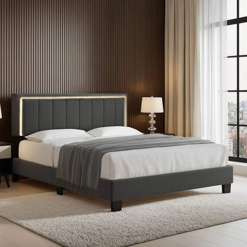 Tavyn Queen Platform Bed with Boucle Upholstery and LED Light Headboard by iNSPIRE Q Modern