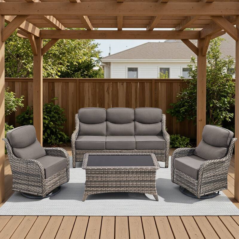 Arcadia 4-Piece Wicker Outdoor Patio Conversation Set with Swivel Gliders and 6-Inch Thick Olefin Cushions - Gray Cushions - Gray Wicker