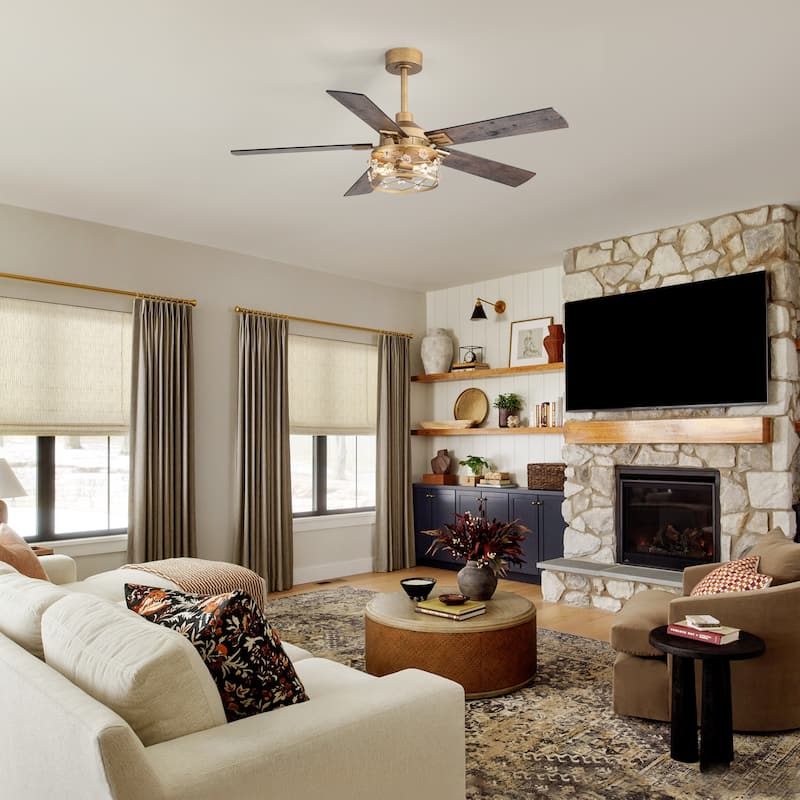 52" Reversible 5-Blade Farmhouse Glam Floral Glass Caged Ceiling Fan with Light and Remote