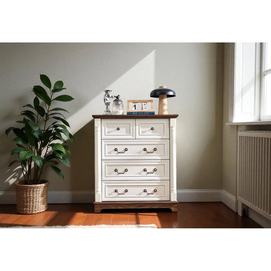 Farmhouse Rustic 5-Drawer Dresser Wooden Chest Storage Organizer with Base for Bedroom Living Room Durable Cabinet
