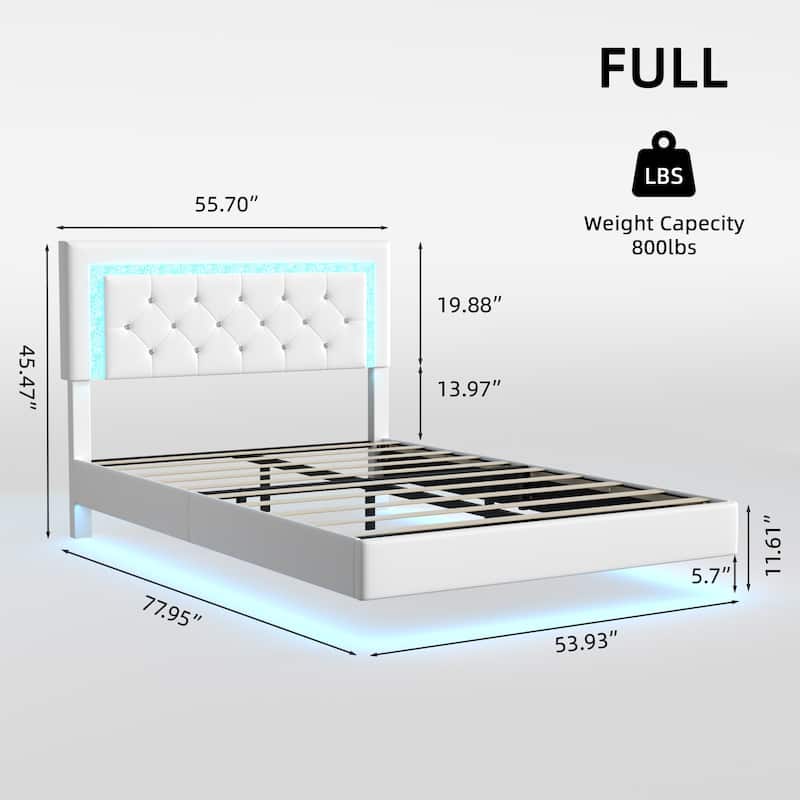 Full Size Bed Frame with Headboard, Floating Bed Frame with LED Lights, Upholstered Platform Bed with Diamond Tufted Headboard