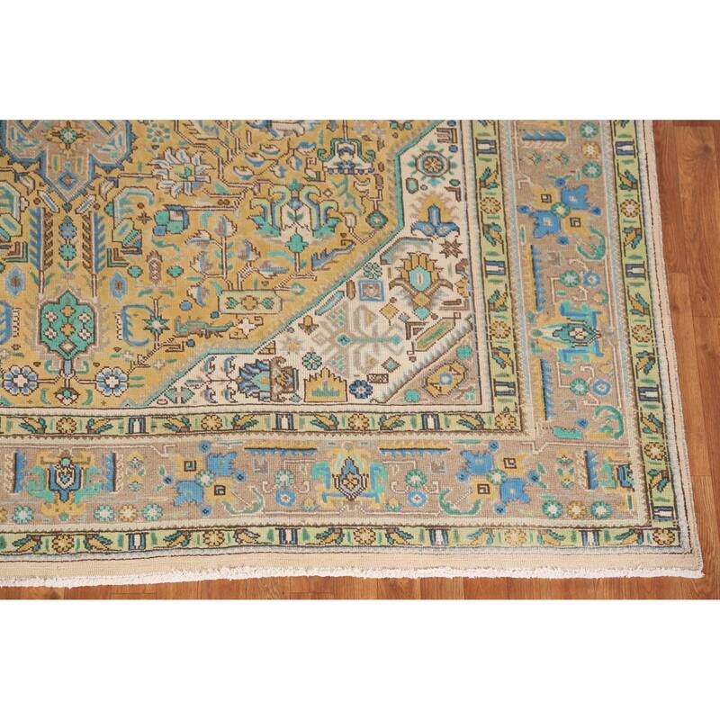 Hand Knotted Oriental 100% Wool Carpet Traditional Medallion Yellow & Gold Tabriz Area Rug - 11' 5'' X 8' 1''