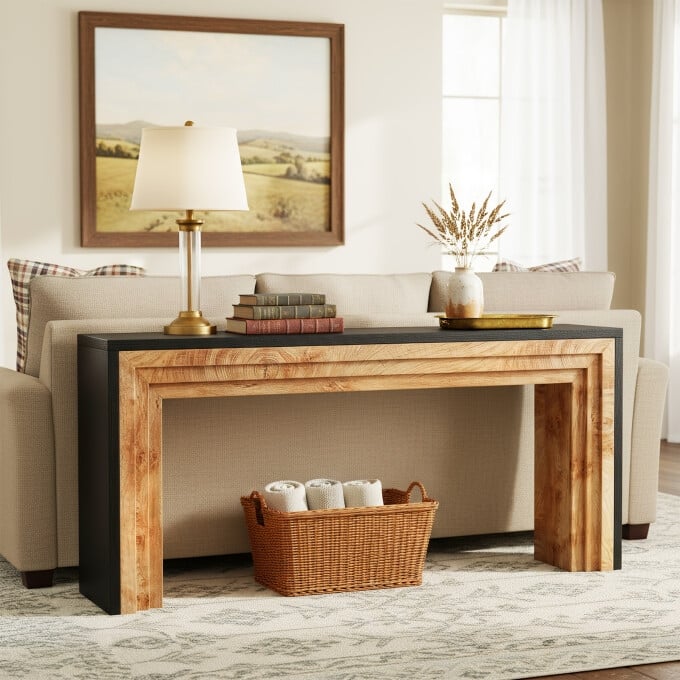 70.9 Inch Narrow Long Console Sofa Table Behind Couch - 11.61" D x 70.9" W x 32.68" H - Black/ Brown