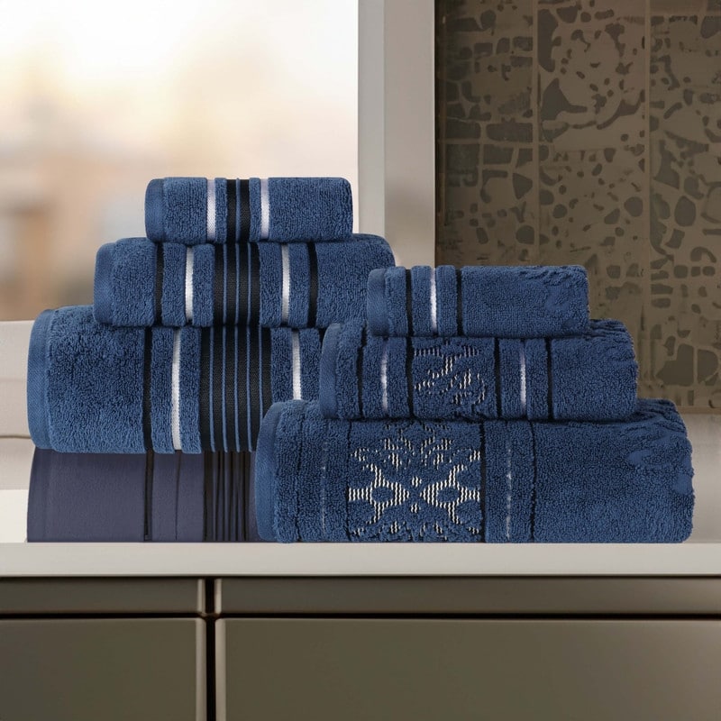 Superior Sadie Zero Twist Cotton Solid and Floral 6 Piece Towel Set - Navy Blue