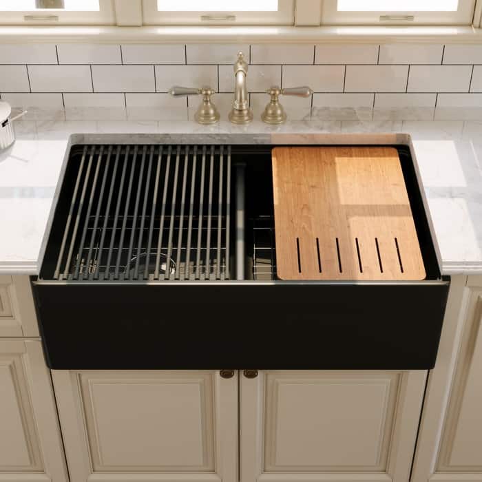 DeerValley 33"L X 20"W Double Bowl Workstation Farmhouse Kitchen Sink With Cutting Board And Dish-Drying Rack - Black