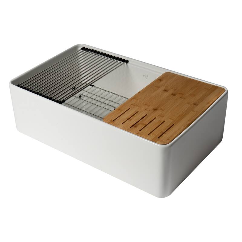 ALFI Brand White Smooth Apron Workstation 33" x 20" Single Bowl Step Rim Fireclay Farm Sink with Accessories